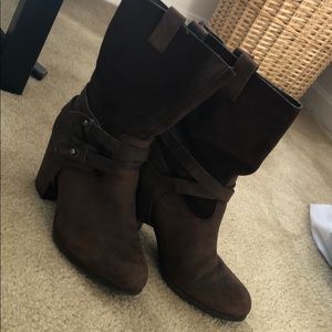 Brown suede mid calf boots